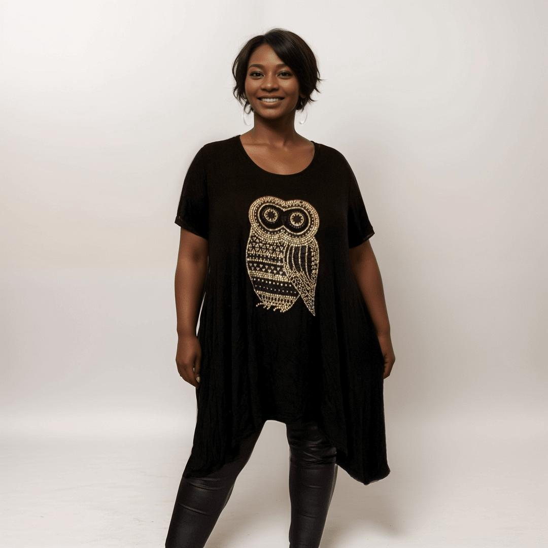 ROCKTHOSECURVES SHORT SLEEVE HANKY HEM STUDDED OWL LONG LENGTH TOP - FullFab
