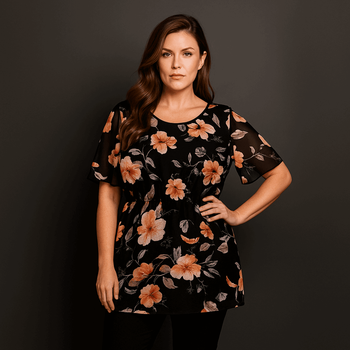 Black Peach Chiffon Elasticated Waist Lined Blouse - FullFab