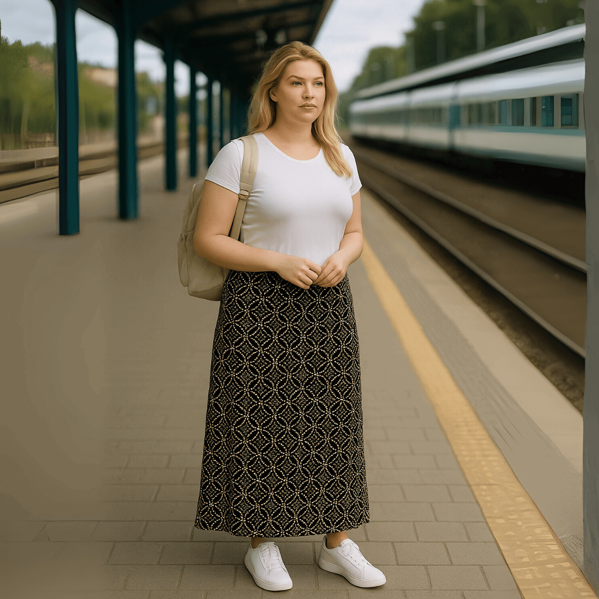 Black Pink Tile Elastic Waist Maxi Skirt - FullFab