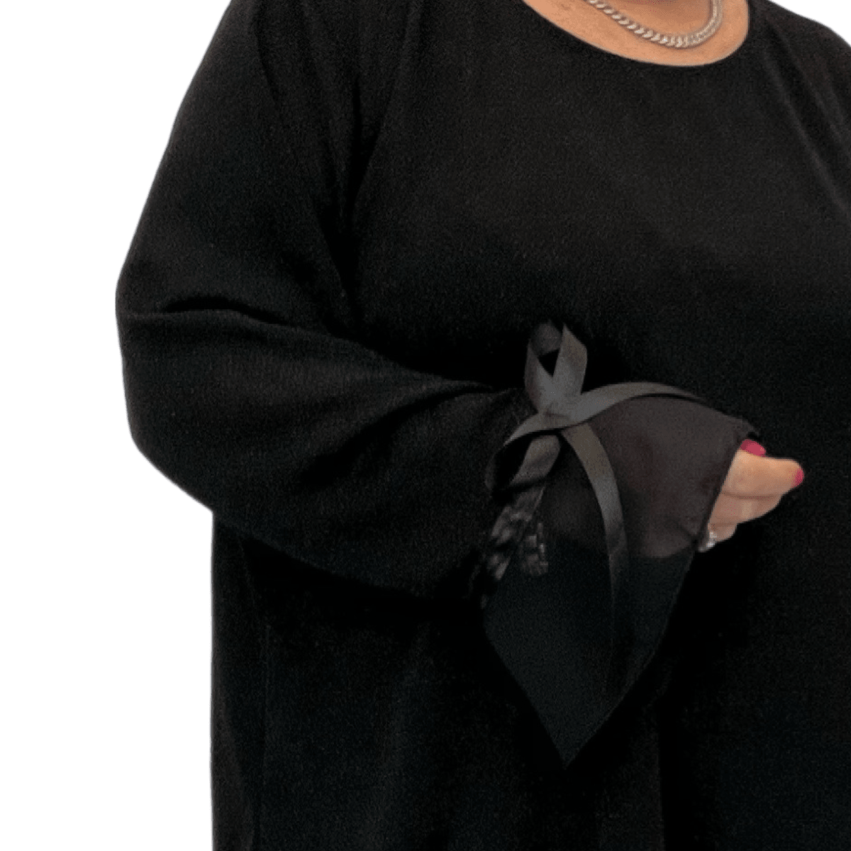 Black Plus Size Top featuring elegant sheer sleeves with ribbon detail.