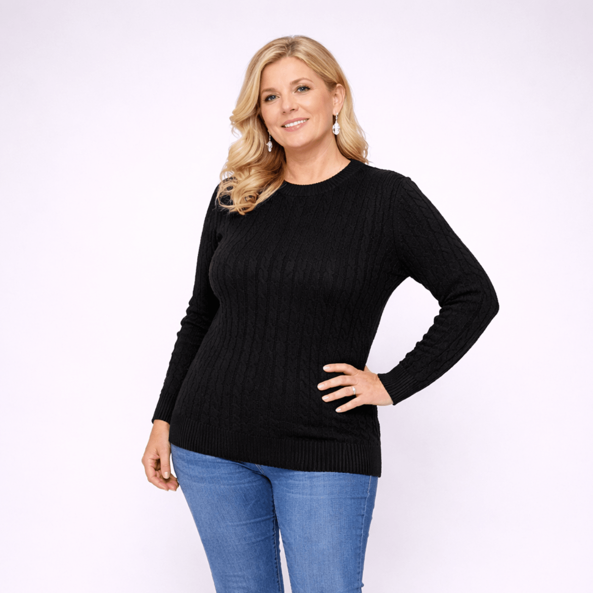 Cable Knit Long Sleeve Round Neck Jumper - FullFab