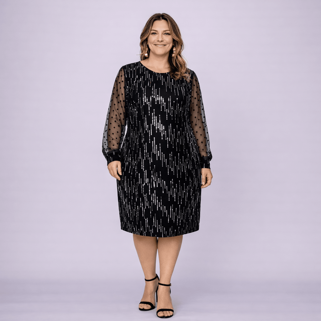 Cocktail Dress with Net Sleeves and Silver Sequins - FullFab