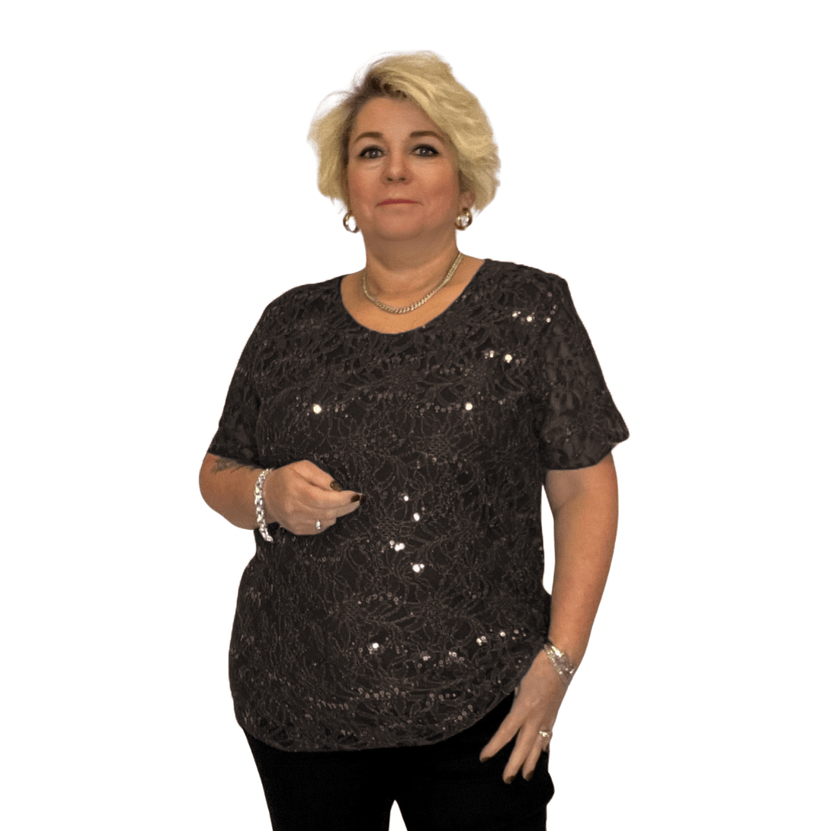 ROCKTHOSECURVES SEQUIN AND LACE SHORT SLEEVE BLOUSE / TOP - FullFab