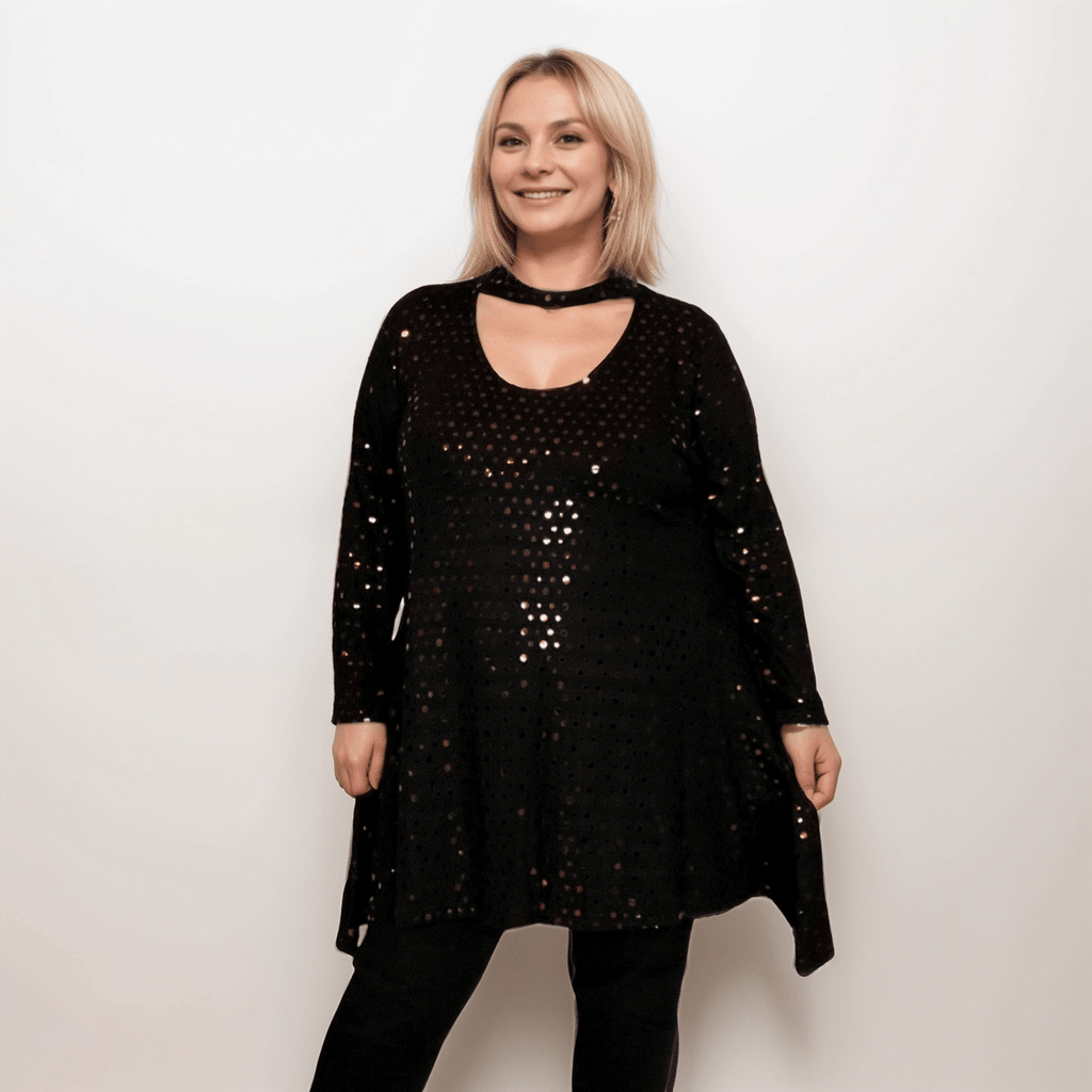 BLACK SEQUIN CHOKER NECK LONG SLEEVE SWING TOP - FullFab