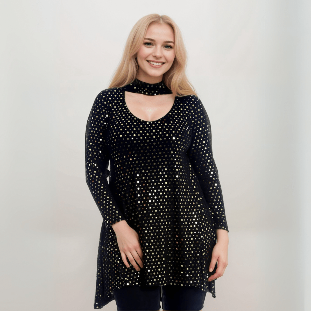 BLACK SEQUIN CHOKER NECK LONG SLEEVE SWING TOP - FullFab