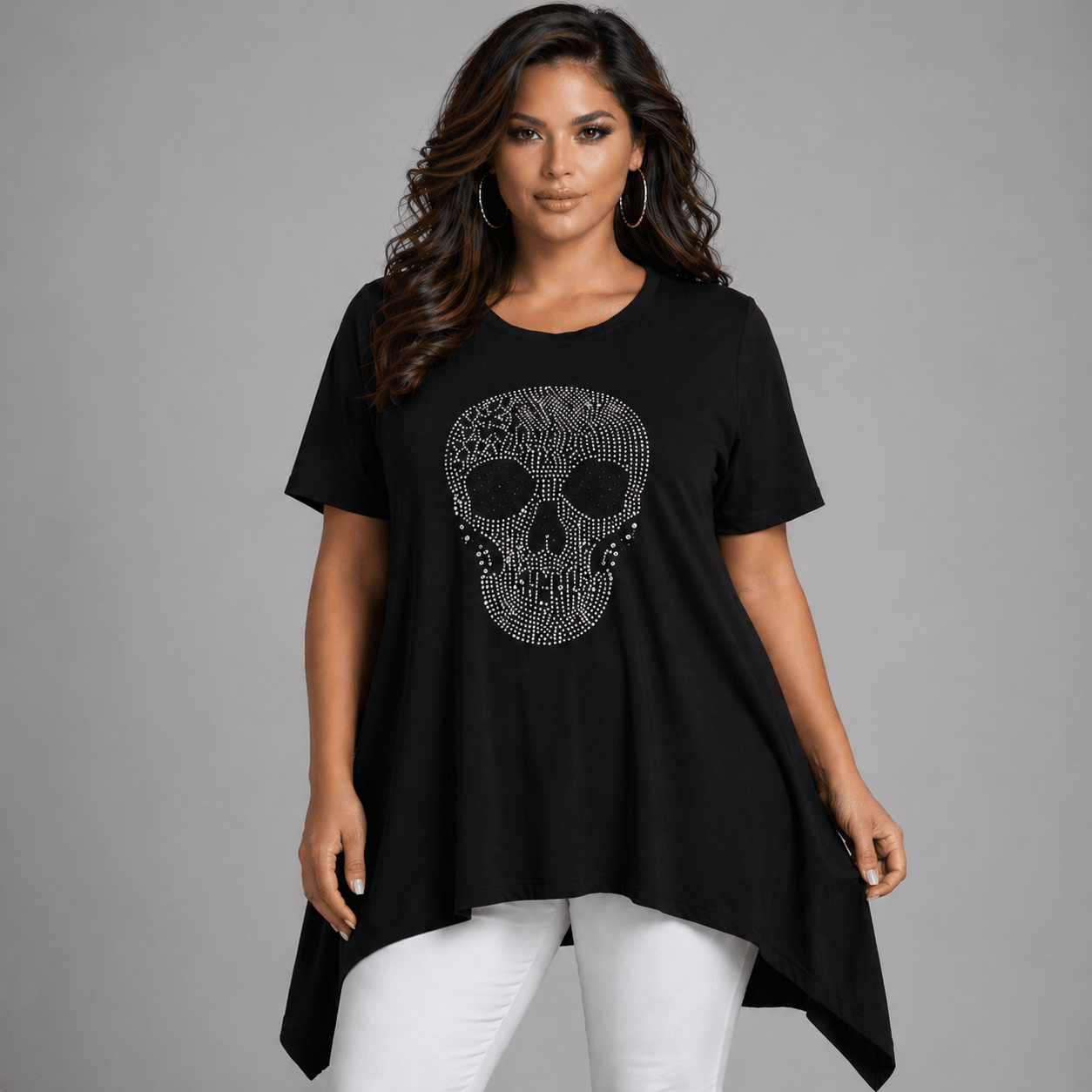 Black Skull Graphic Tunic featuring a stylish skull design and a relaxed fit.