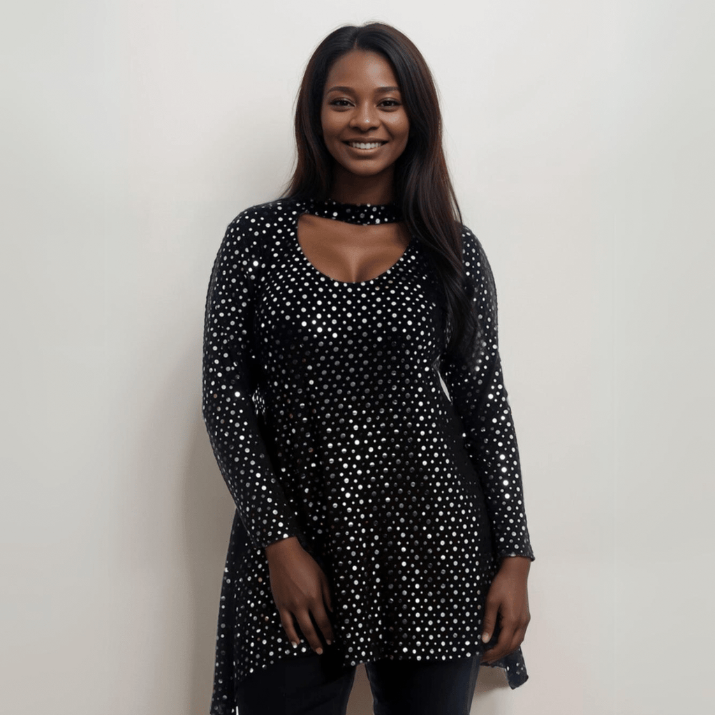 BLACK SEQUIN CHOKER NECK LONG SLEEVE SWING TOP - FullFab