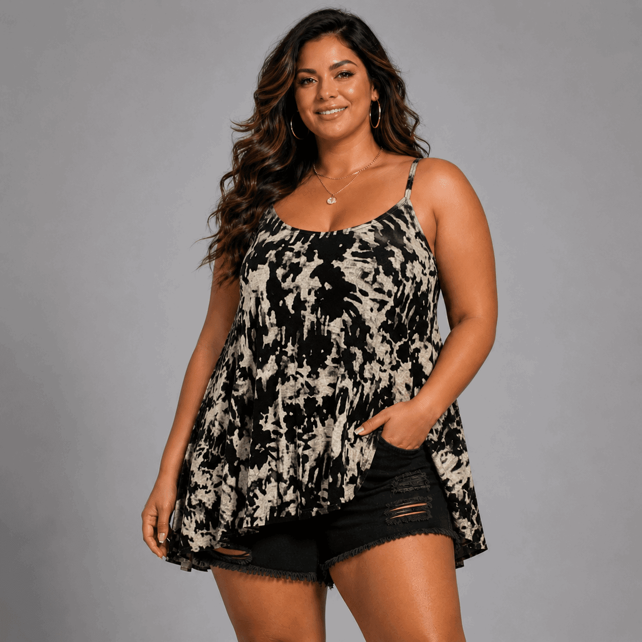 Black Splash Cami Vest Swing Top with Hanky Hem - FullFab