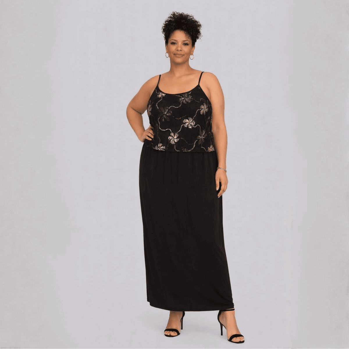 Black Strappy Maxi Dress with Silver Embroidered Overlay Top - FullFab
