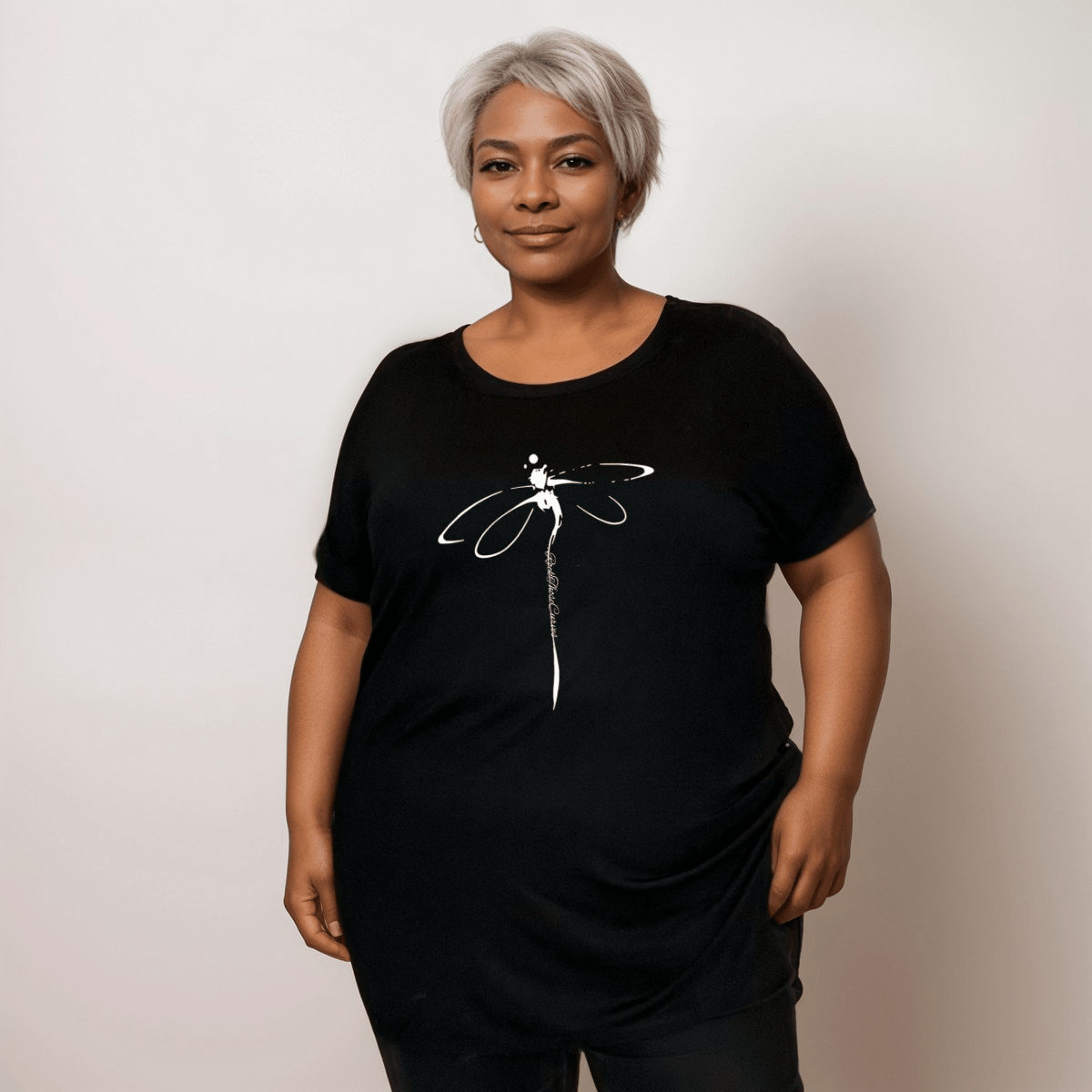 Plus‑Size Coloured Dragonfly Short Sleeve Dipped Hem T‑Shirt - FullFab