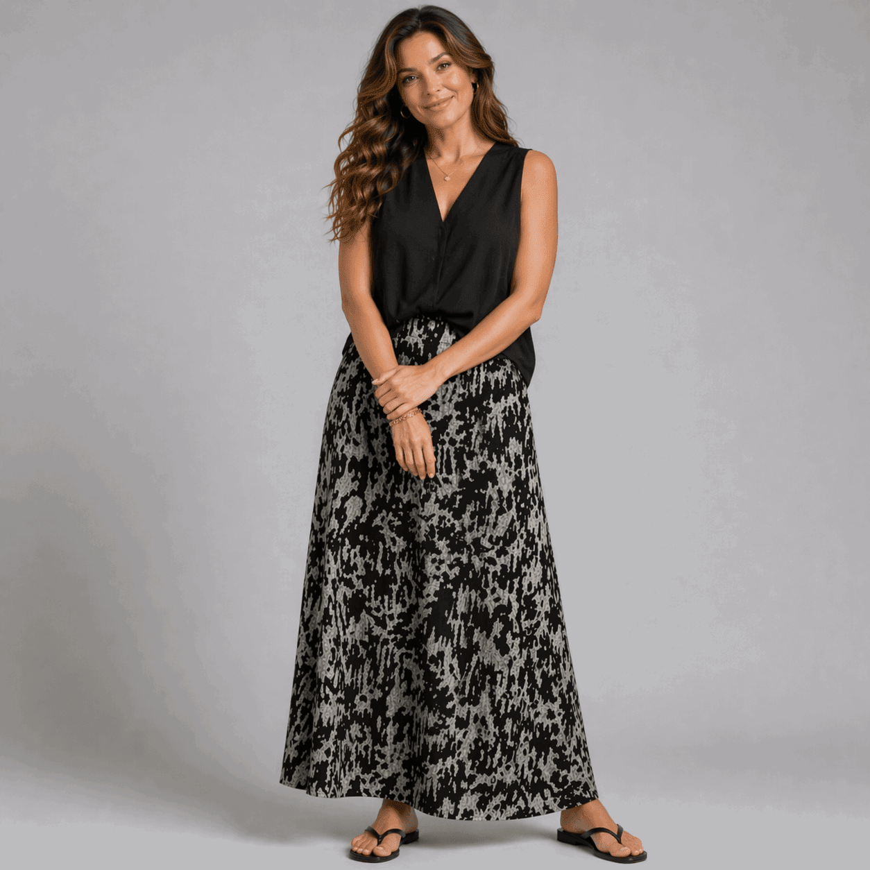 Black Tie Dye Effect Elastic Waist Maxi Skirt - FullFab