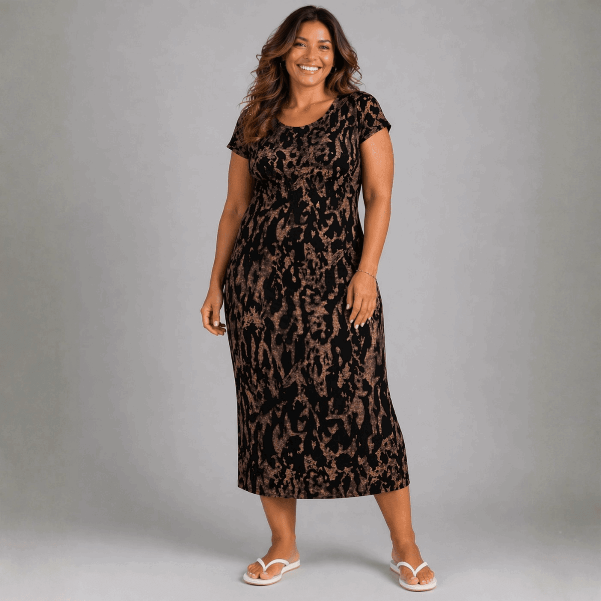 Black Tie Dye Short Sleeve Stretchy T-Shirt Midi Dress - FullFab