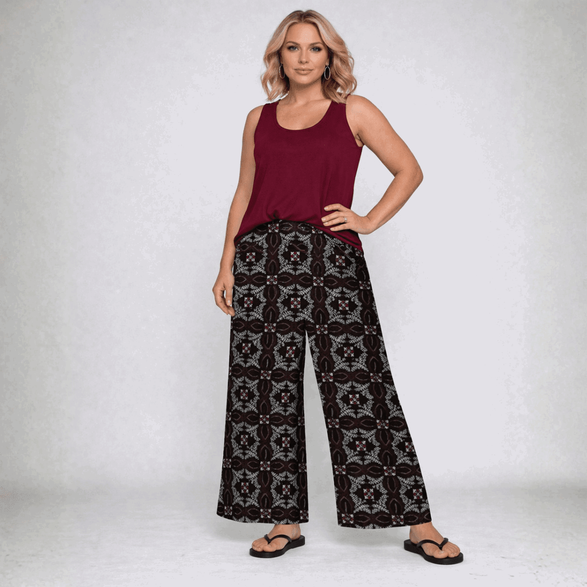 Black Tile Print Elastic Waist Palazzo Trousers - FullFab