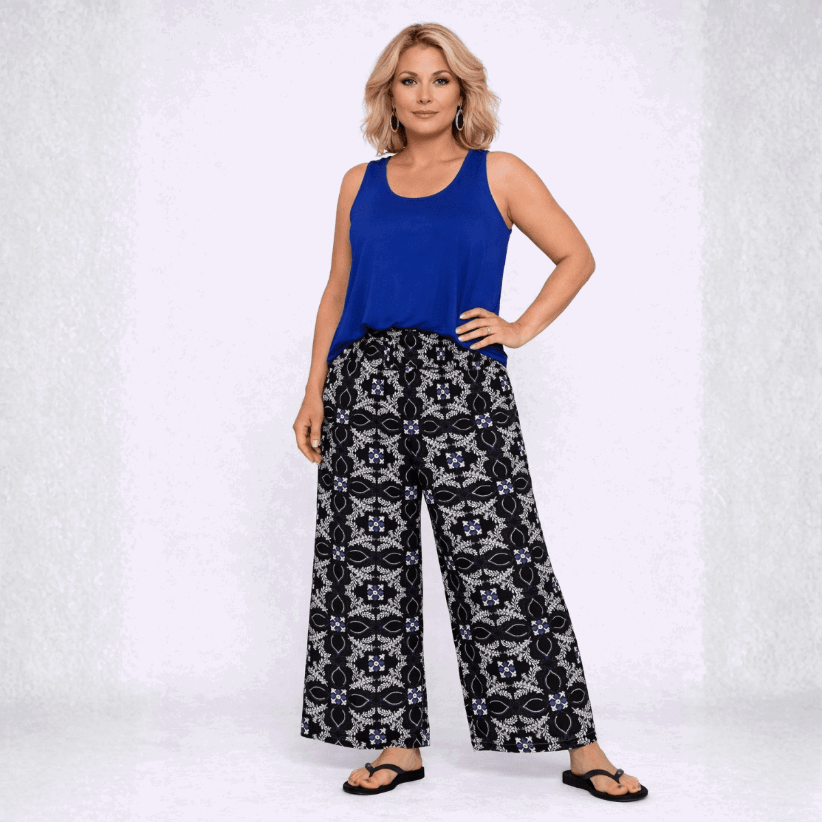 Black Tile Print Elastic Waist Palazzo Trousers - FullFab