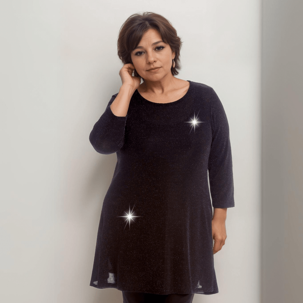 Elegant black tunic dress featuring a flattering A-line silhouette and subtle sparkle details.