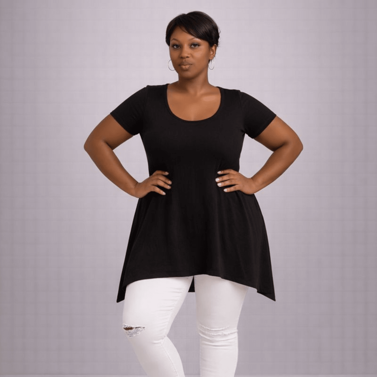 Plain Short Sleeve Hanky Hem Swing Top - FullFab