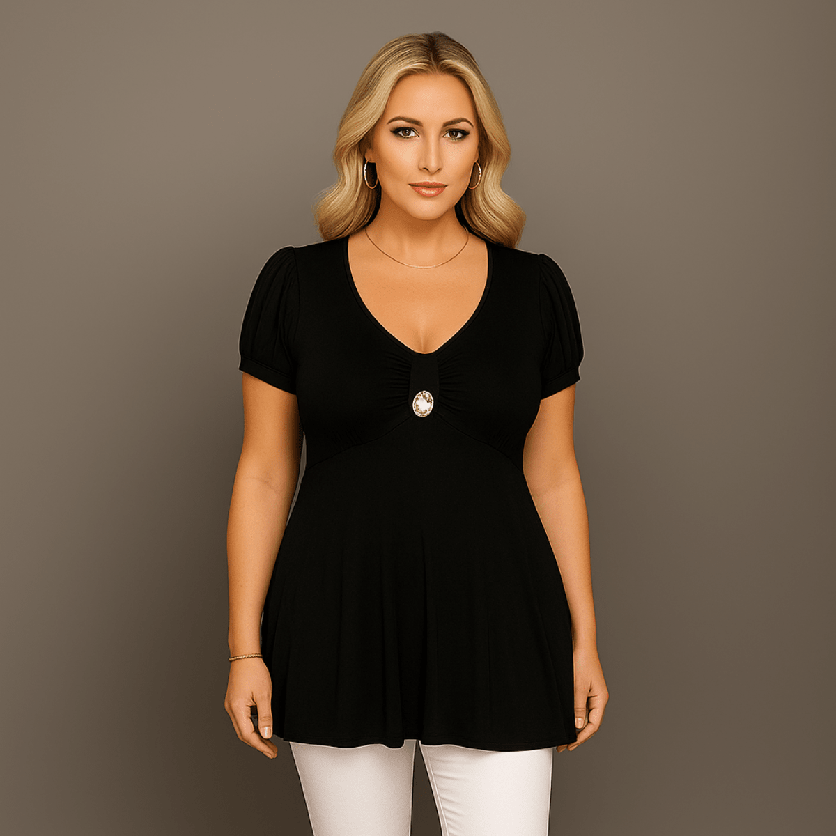Puff Sleeve Button Front Tunic Top - FullFab