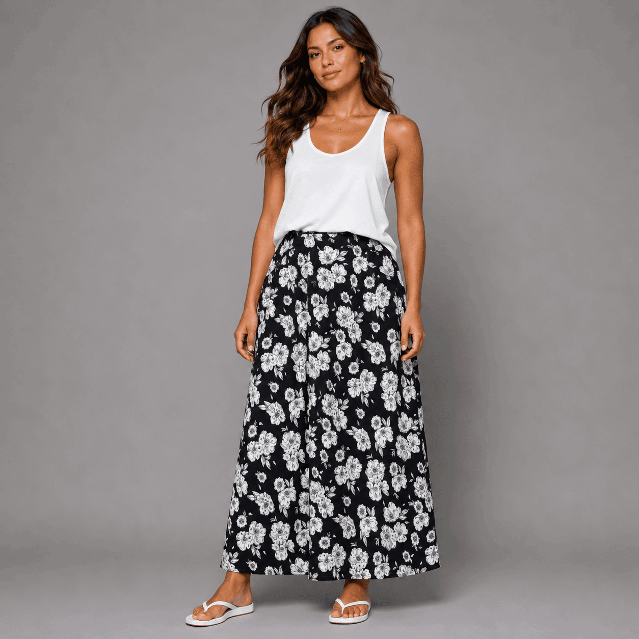 Black White Large Flowers Elastic Waist Maxi Skirt - FullFab