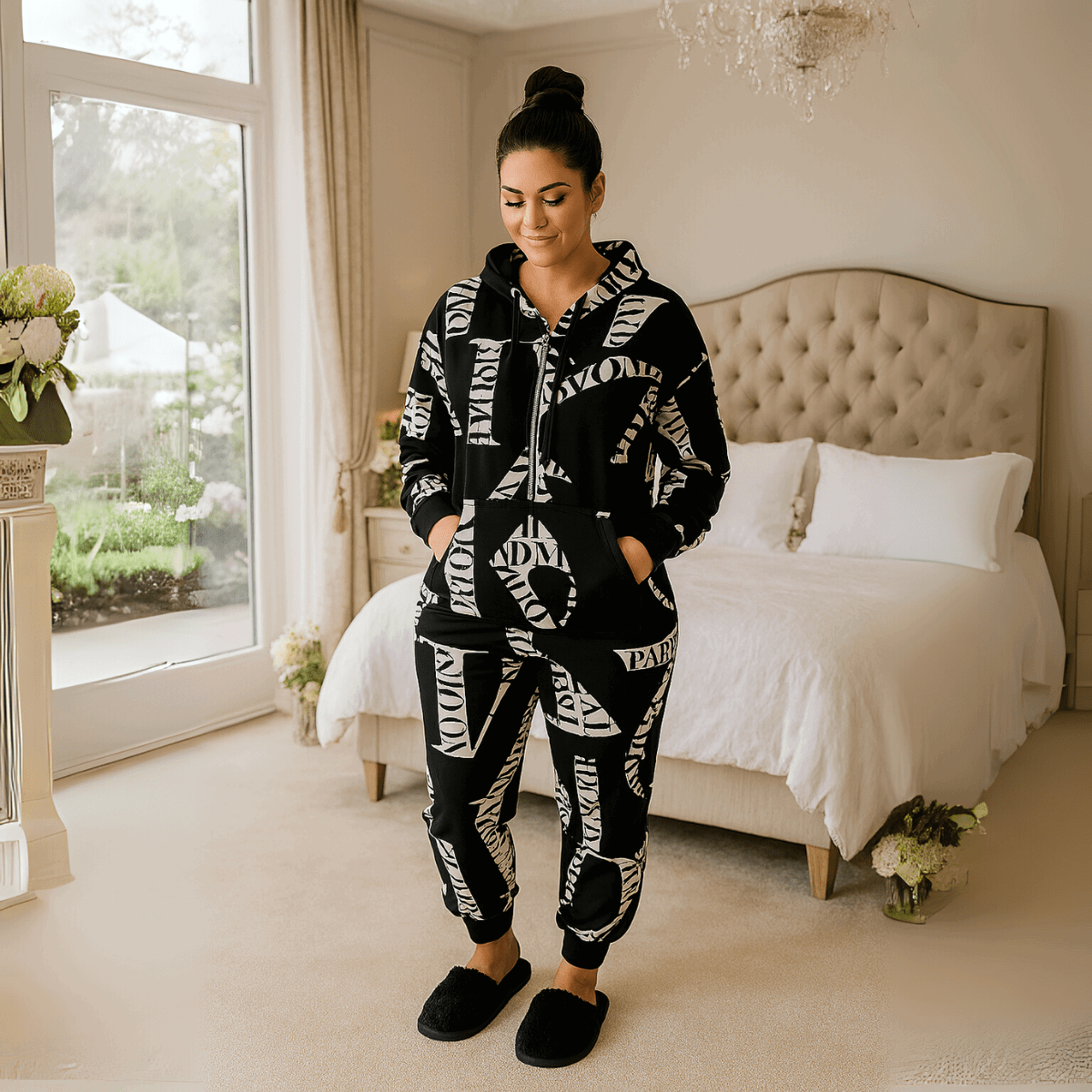 Black White Love Paris Print Lounge Suit Jumpsuit - FullFab