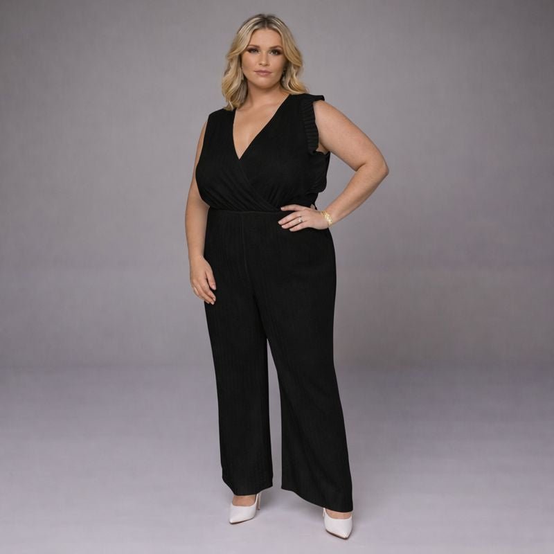 Black Wide-Leg Jumpsuit featuring a flattering V-neck design and elegant silhouette.
