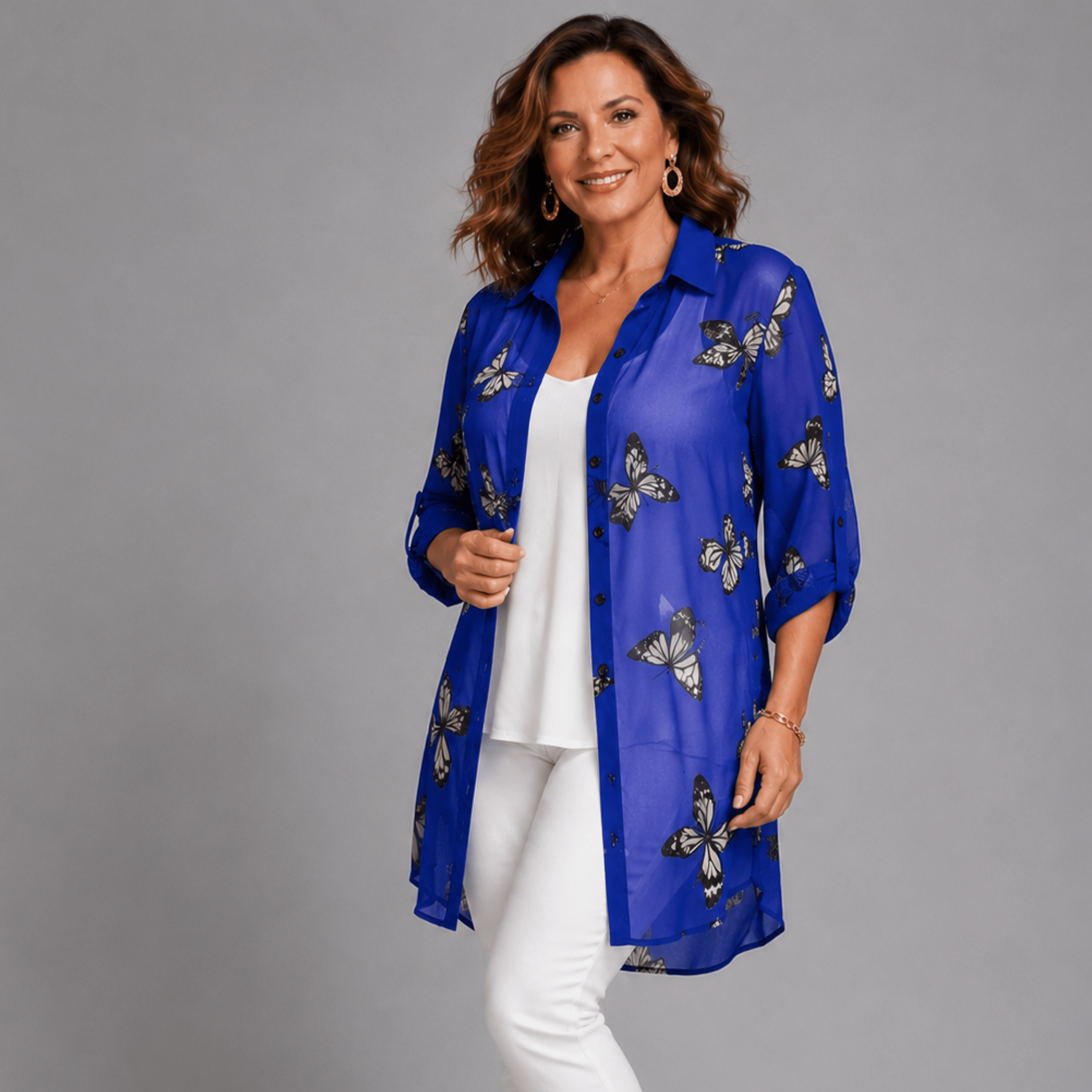 Long Length Chiffon Blouse / Shirt with Butterfly Print - FullFab