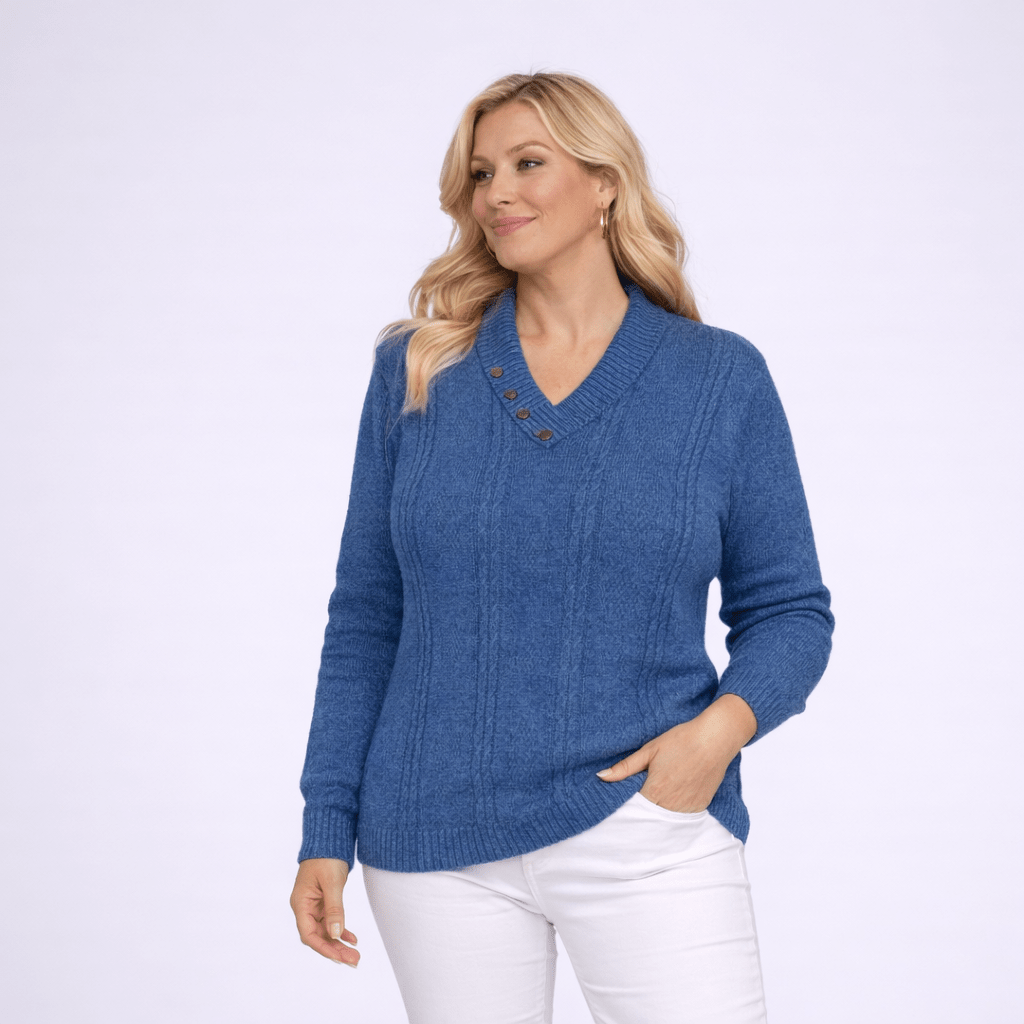 Button V Neck Cable Knit Jumper - FullFab