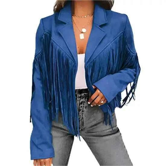 Women’s Blue Suede Tassel Lapel Cropped Motorcycle Jacket