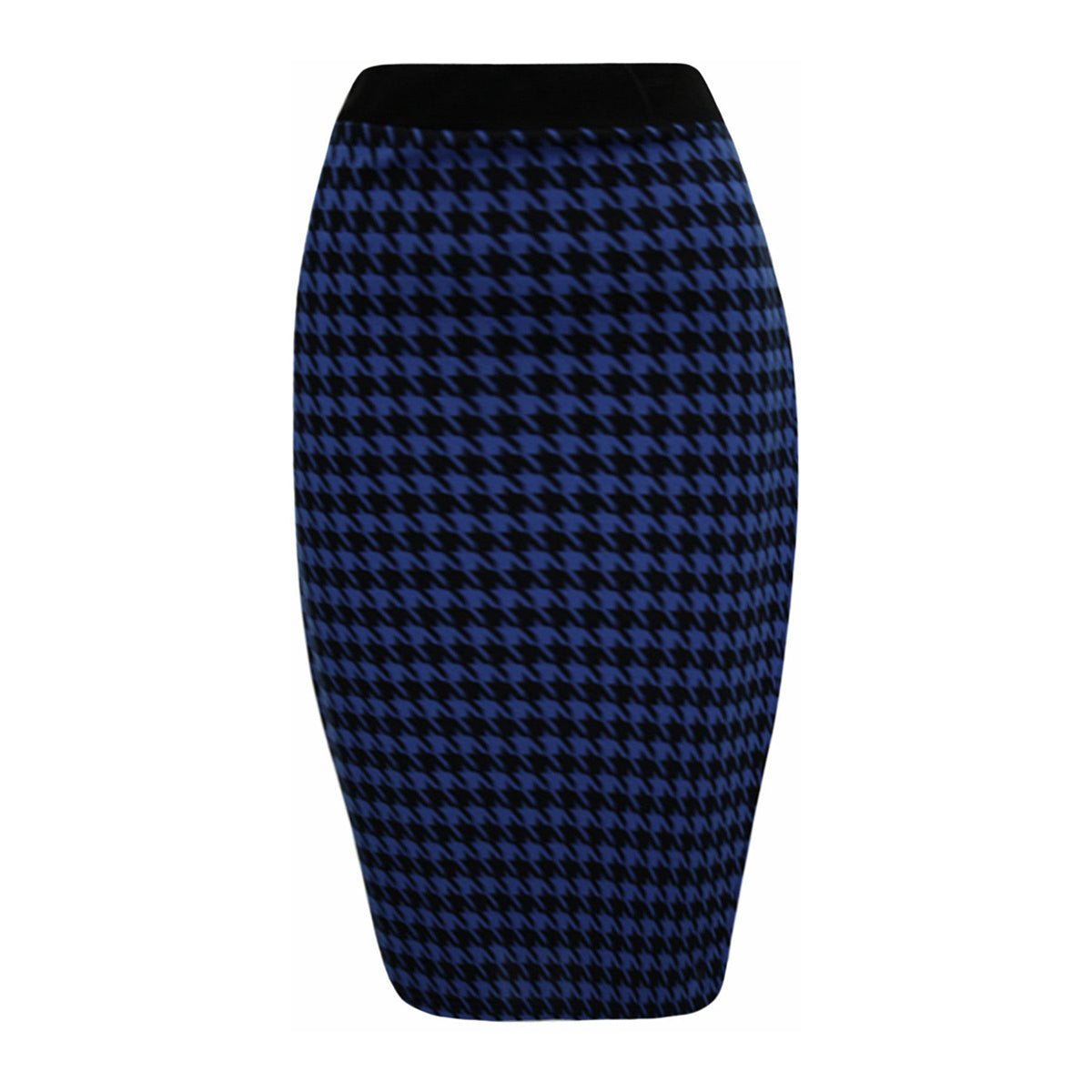 Houndstooth Pencil Skirt in blue and black featuring a fitted design.