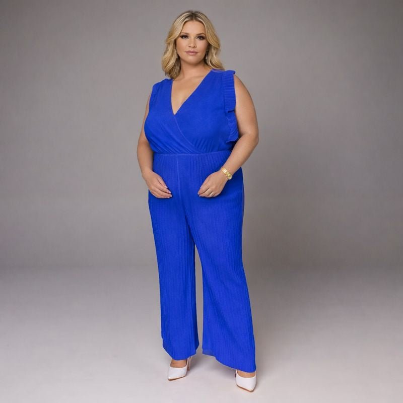 Blue jumpsuit featuring a flattering v-neck and wide-leg design.