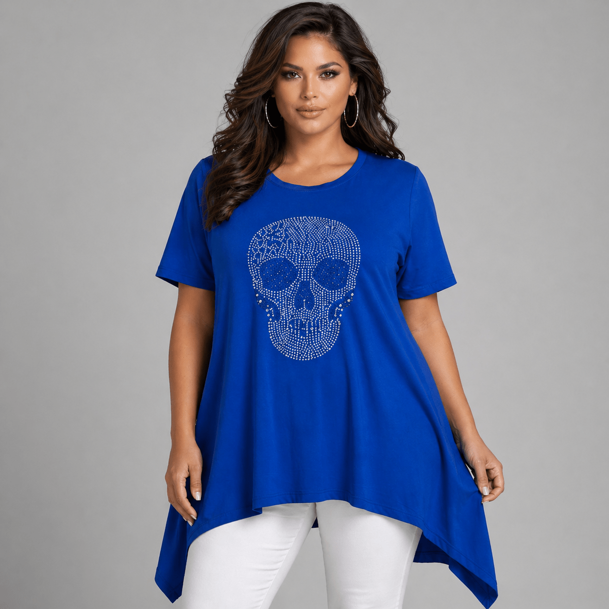 Blue Skull Graphic Tunic featuring a stylish skull design and a relaxed fit.