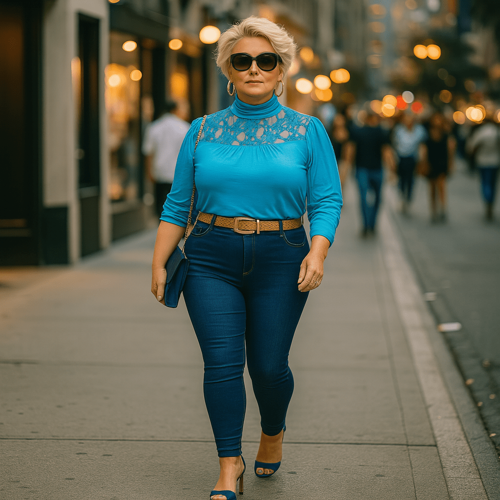 Polo Neck Lace Neckline Long Sleeve Top - FullFab