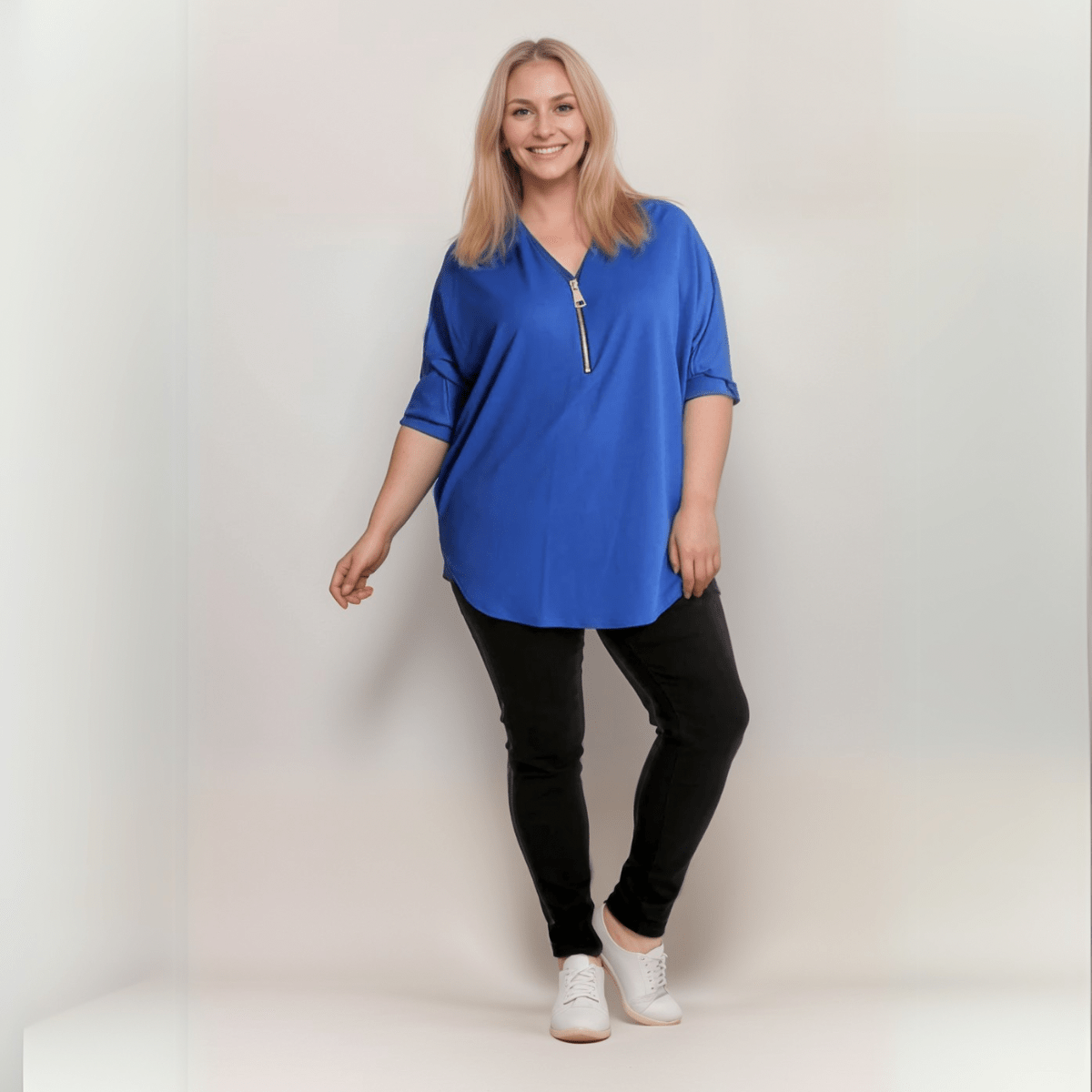 DIPPED HEM BATWING BLOUSE WITH ZIP V-NECK - FullFab