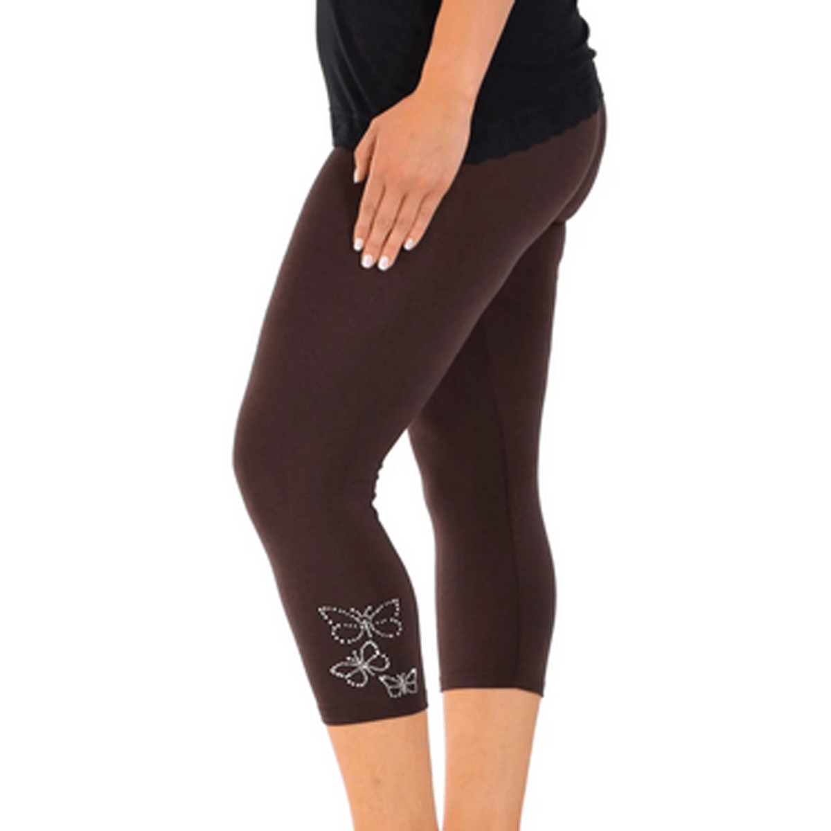 Brown butterfly-embroidered capri leggings featuring a comfortable fit.