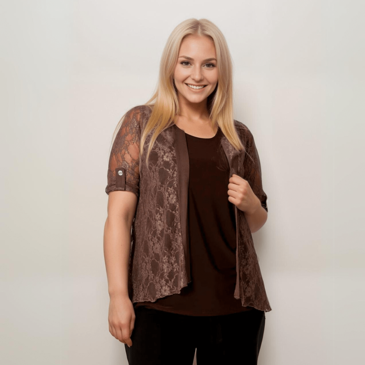 Satin Panel Lace Jacket with Button Sleeves - FullFab
