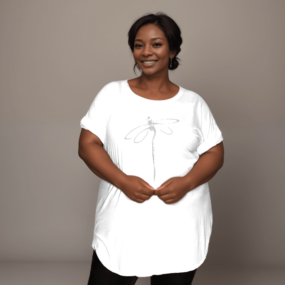 Plus‑Size Coloured Dragonfly Short Sleeve Dipped Hem T‑Shirt - FullFab