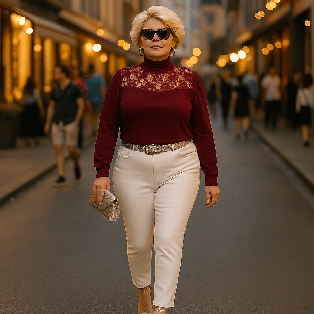 Polo Neck Lace Neckline Long Sleeve Top - FullFab
