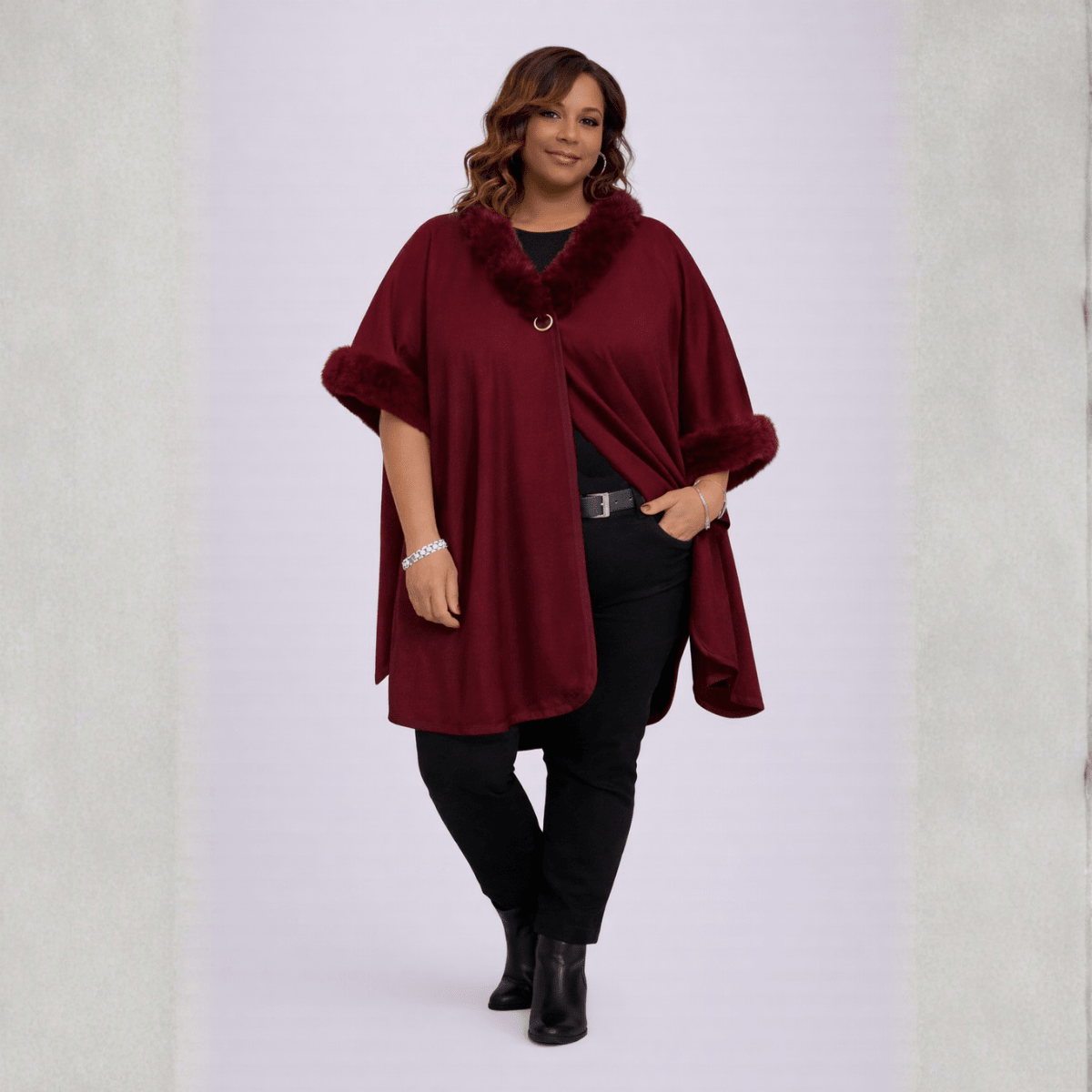 Burgundy Plus Size Cape with Faux Fur Trim, stylish and warm for winter wear.