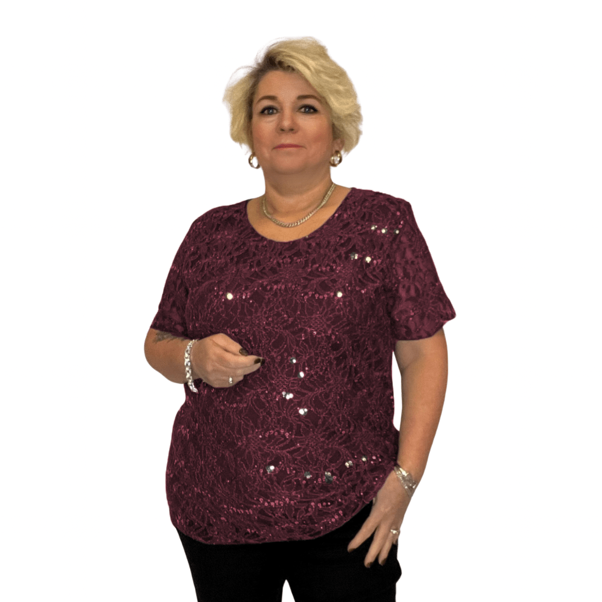ROCKTHOSECURVES SEQUIN AND LACE SHORT SLEEVE BLOUSE / TOP - FullFab