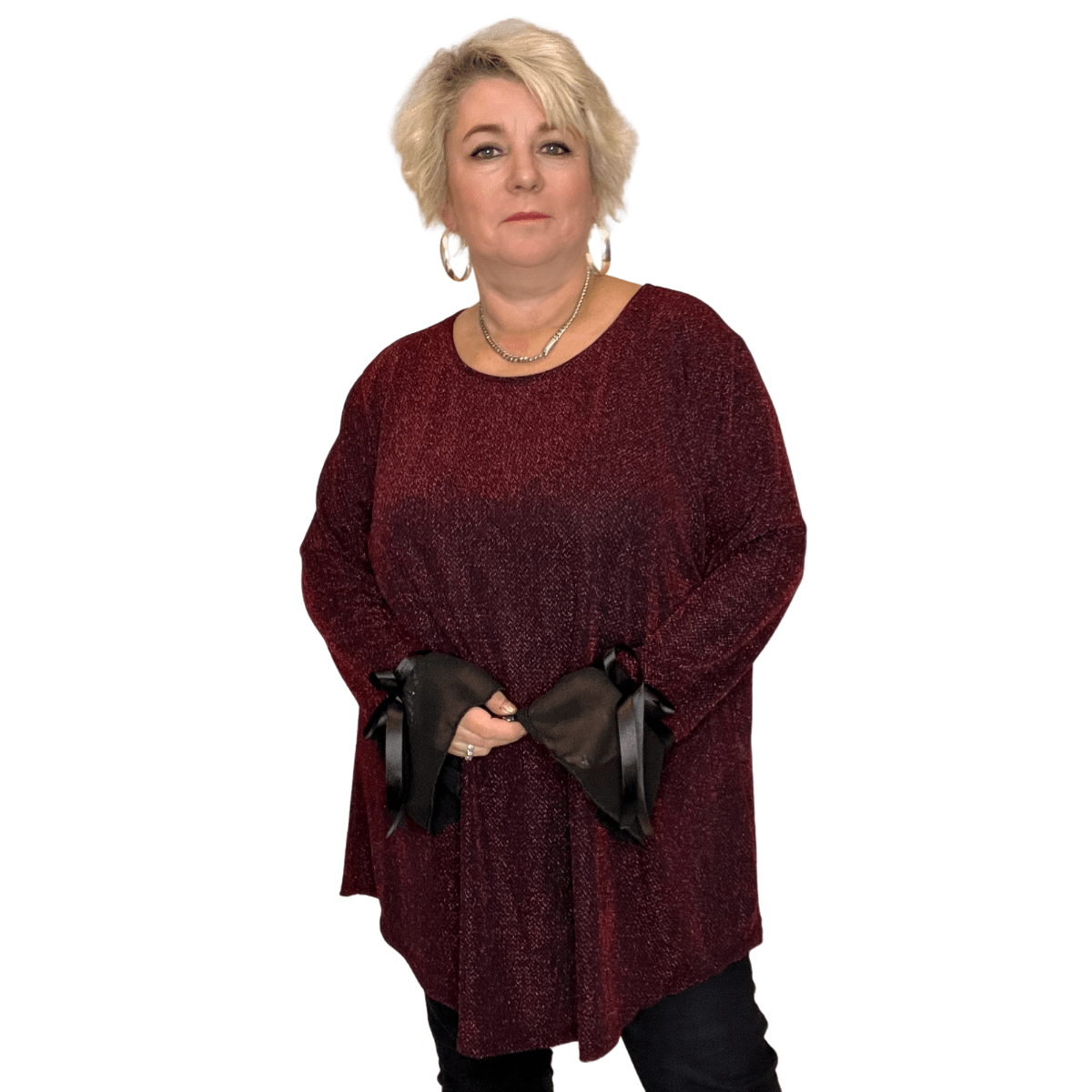 Burgundy Glitter Top with Black Ribbon Sleeves, stylish and comfortable for casual wear.