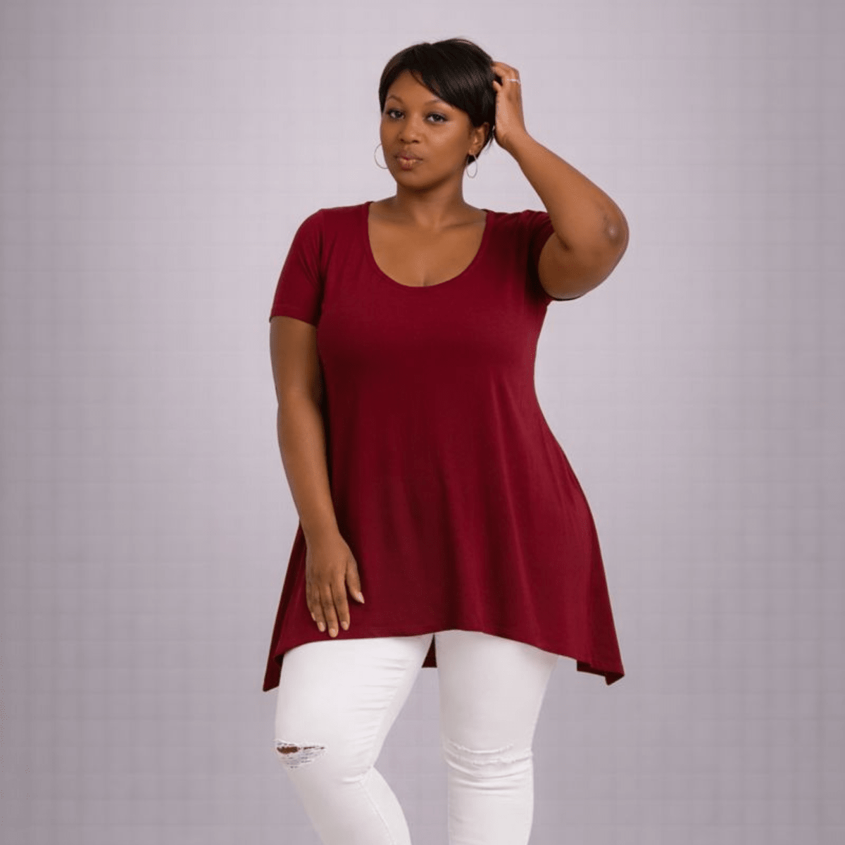 Plain Short Sleeve Hanky Hem Swing Top - FullFab