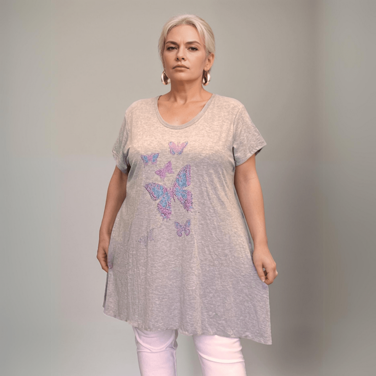 ROCKTHOSECURVES FLARED HEM STUDDED BUTTERFLIES LONG TOP - FullFab