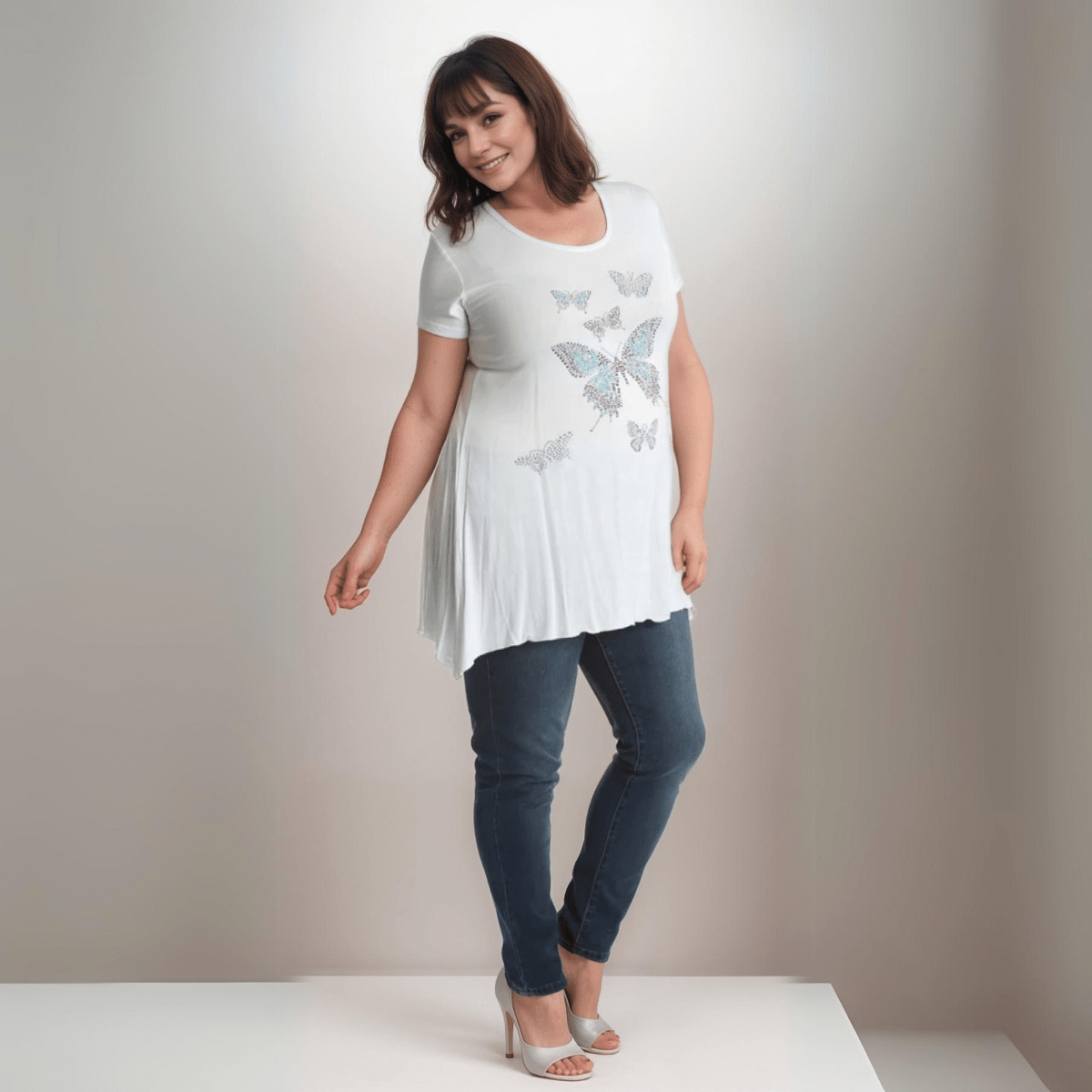 ROCKTHOSECURVES FLARED HEM STUDDED BUTTERFLIES LONG TOP - FullFab