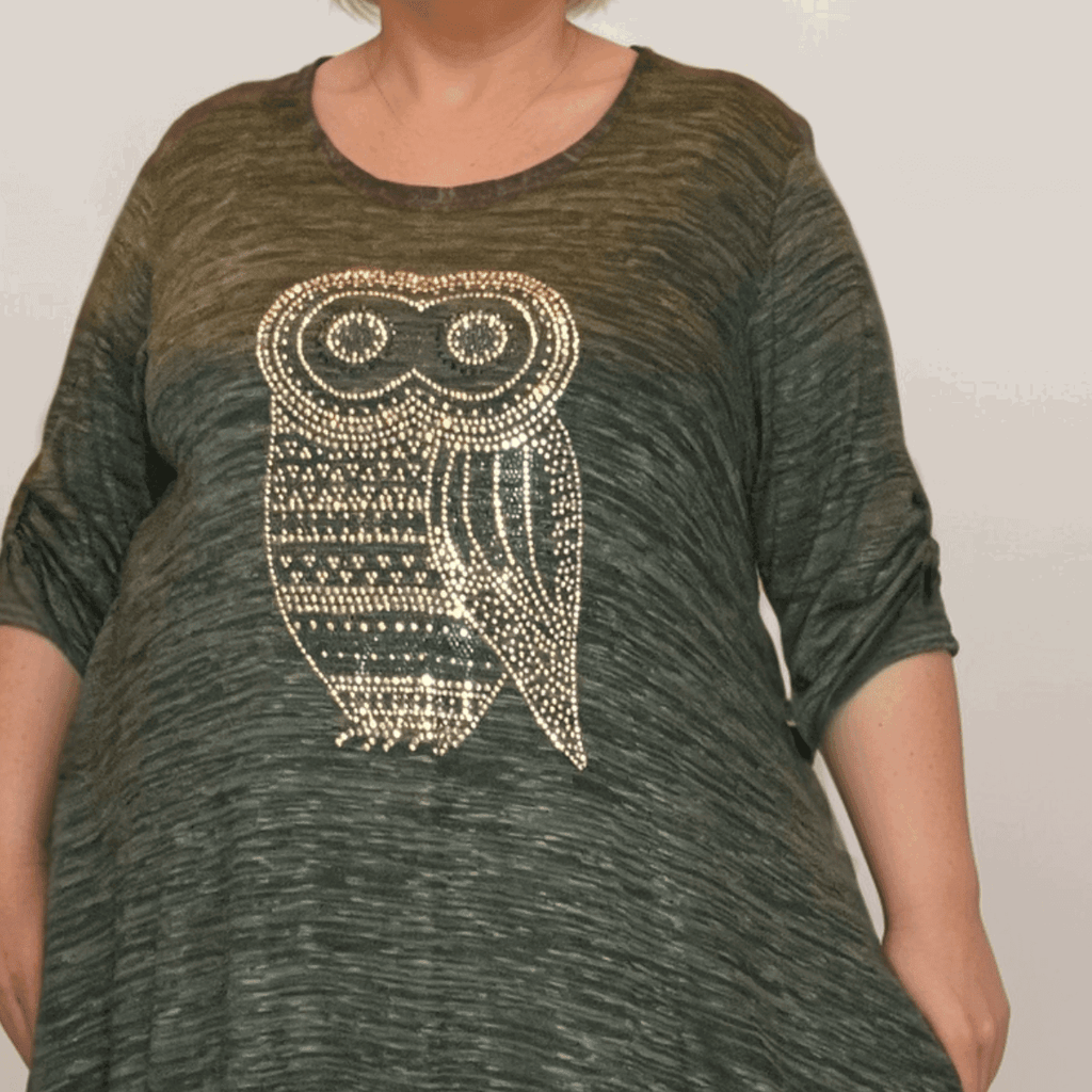 BUTTON SLEEVE SWING TOP WITH STUDDED OWL - FullFab