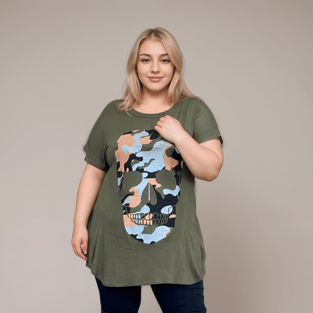 Dipped Hem Short Sleeve Glitter Skull T-Shirt - FullFab