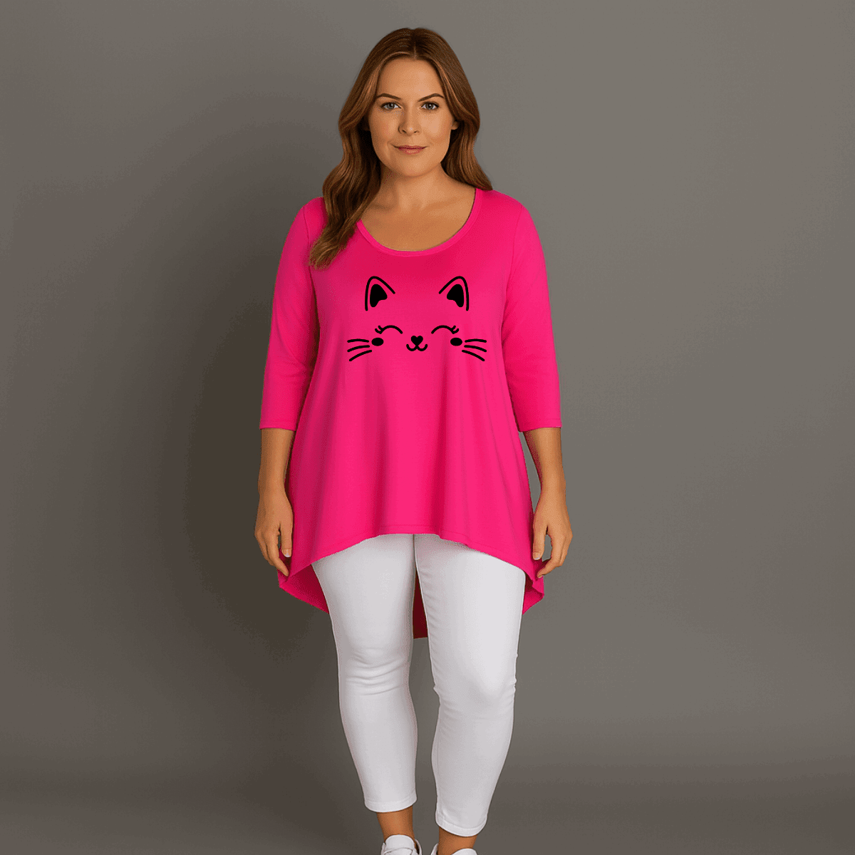 Cat Face 3/4 Sleeve Dipped Hem Top - FullFab