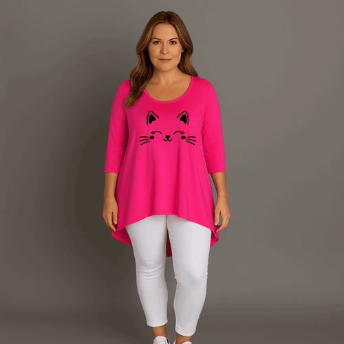 Cat Face 3/4 Sleeve Dipped Hem Top - FullFab