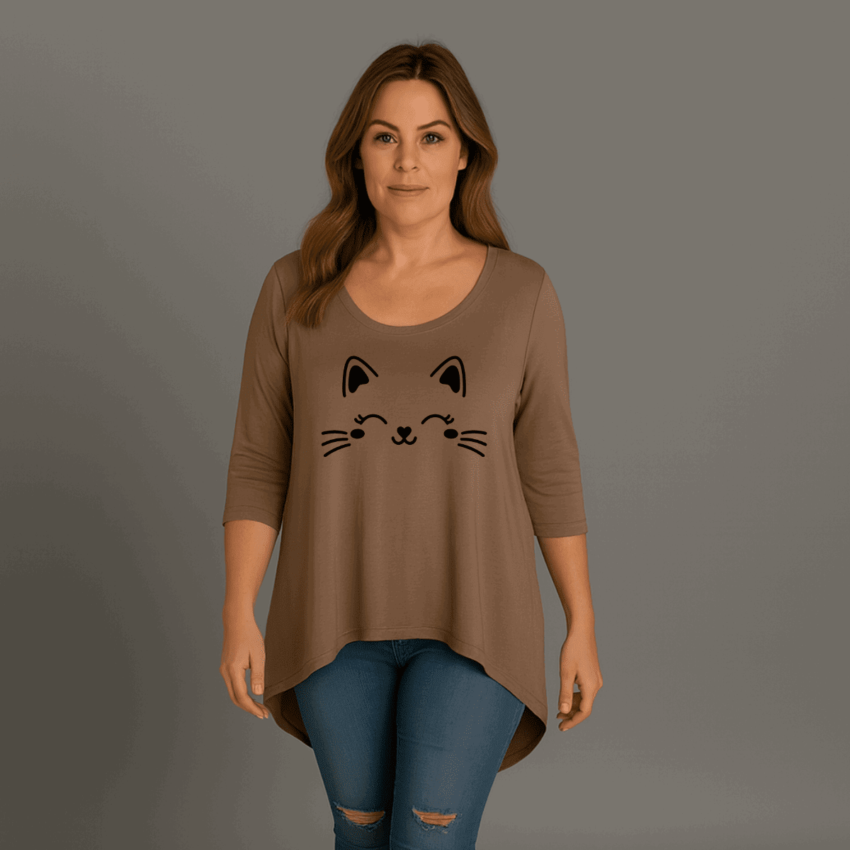 Cat Face 3/4 Sleeve Dipped Hem Top - FullFab