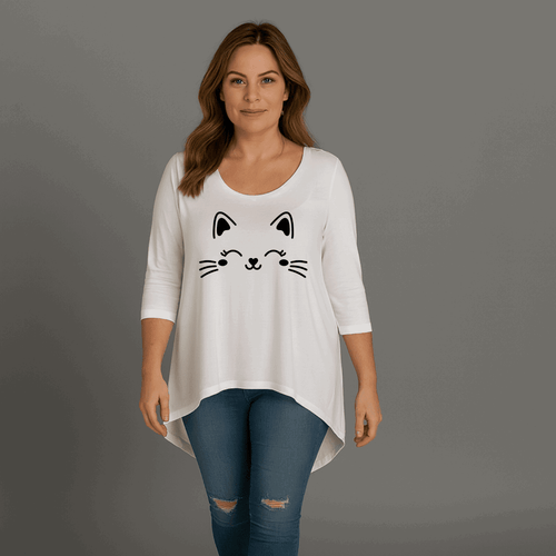 Cat Face 3/4 Sleeve Dipped Hem Top - FullFab