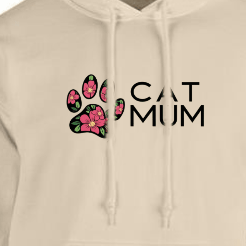 Cat Mum hoodie featuring a floral paw print design in pink and green.