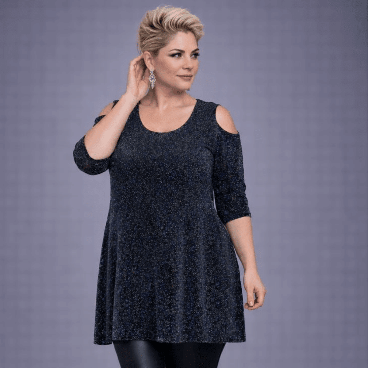 Sparkly 1/2 Sleeve Swing Top with Cold Shoulders - FullFab